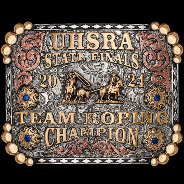 Our Custom Belt Buckle Georgetown is built with diamond edge and Jewelers Bronze Corners. Personalize your own design with rodeo and western figures!